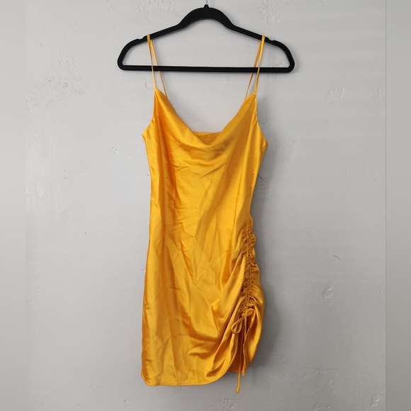 NWT Topshop Golden Yellow Rouched Side Spaghetti Strap Mini Dress Sz 2 - Picture 1 of 6